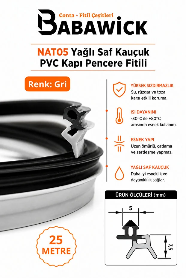 Saf Kauçuk Nat-05 Kapı Pencere Fitili 25 Metre Gri Tamirat Contası Kaliteli ve Uzun Ömürlü